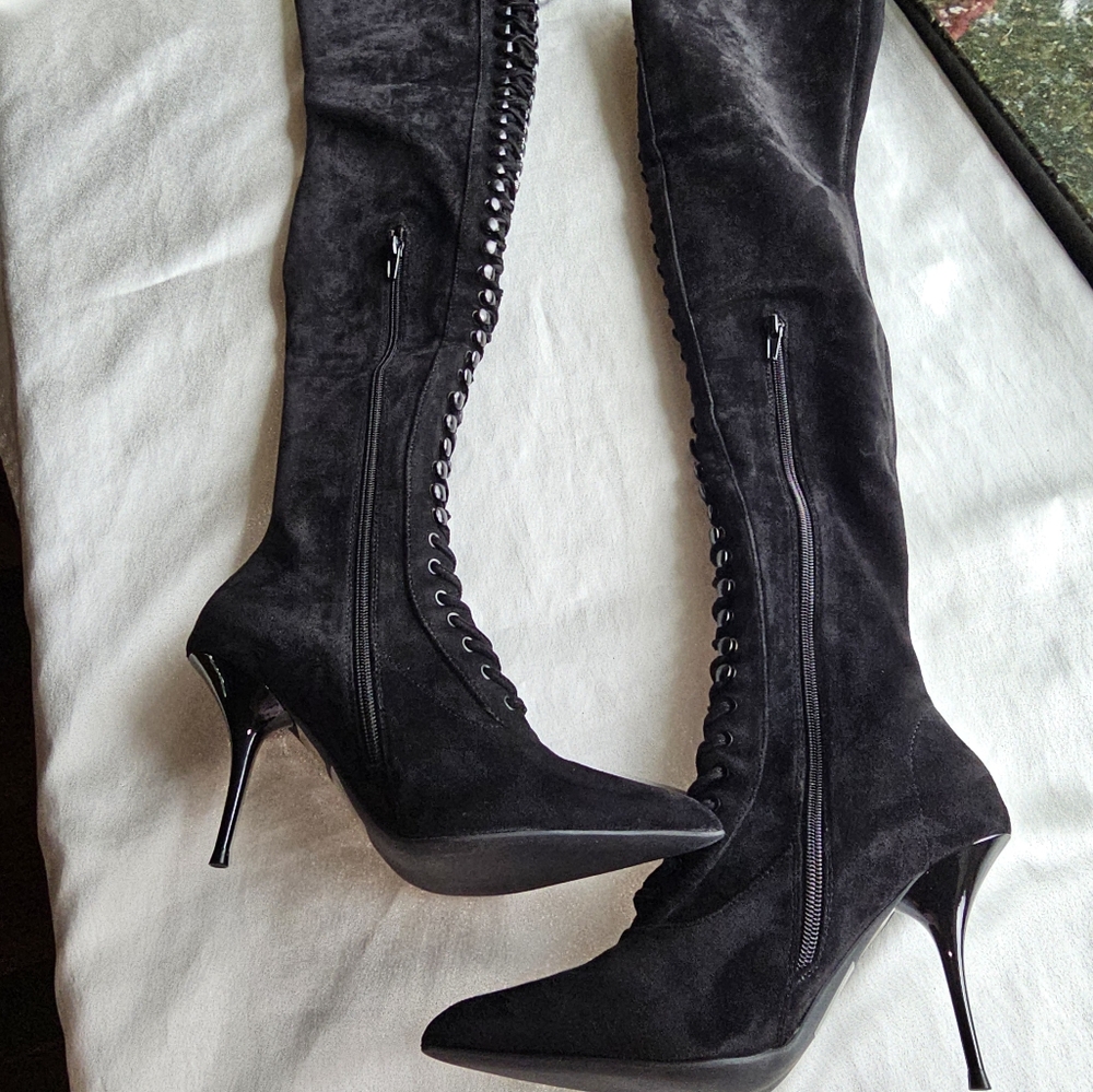 Jeffrey Campbell BURNED BLACK SUEDE Over The Knee  Boots Sz 6.5 - Picture 8 of 16